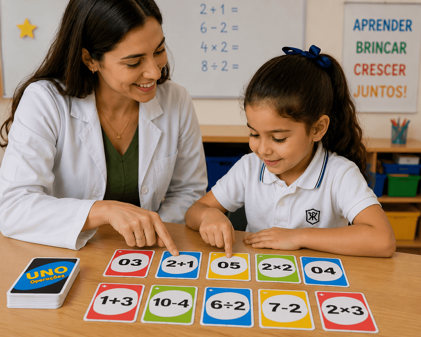 Criança a jogar UNO da Matemática
